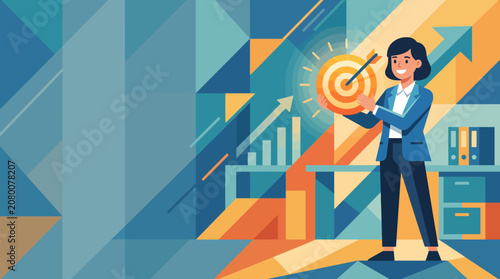 Businesswoman aiming at target with arrows representing success and growth in a dynamic abstract office environment