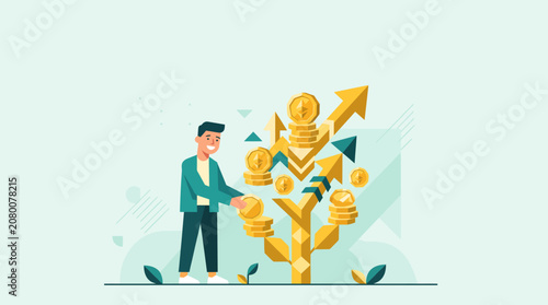 Successful businessman harvesting golden coins from a money growth tree symbolizing financial investment and wealth accumulation strategy