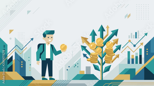 Investing in a Growing Business Tree with Coins, Showing Financial Growth and Investment Strategies