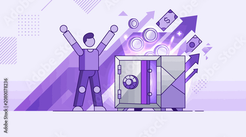 Happy Man Celebrating Financial Success with Money and Coins Flying Out of an Open Bank Safe Vault Illustration