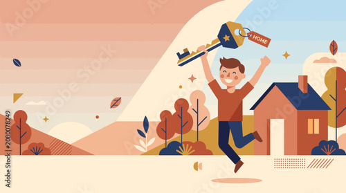 Happy Person Jumping With New House Key Celebrating Residential Property Ownership and Moving Day Concept Illustration