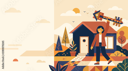 A woman holding a large key standing in front of a new house representing a successful real estate purchase and home ownership concept