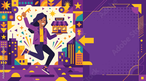 Dynamic Woman Holding a Golden Key and Shop Icon Illustration for E-commerce Success and Business Opportunities