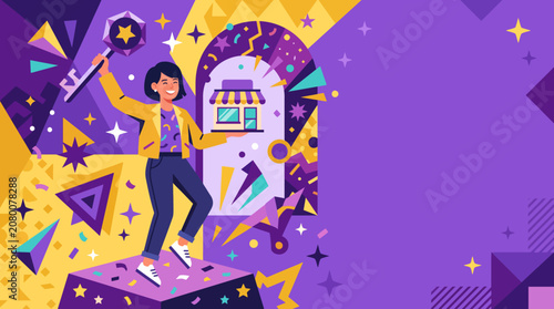 Creative Digital Entrepreneur Holding a Small Business Icon for E-commerce Growth and Online Marketing Success Strategy