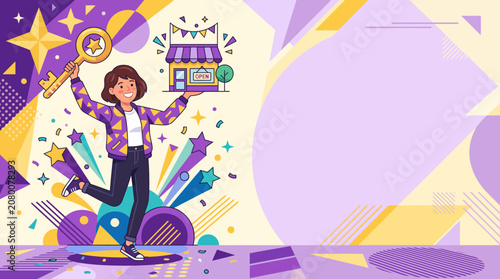 Excited entrepreneur celebrating successful small business ownership with a golden key illustration on a creative purple graphic background
