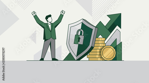Confident Businessman Celebrates Financial Success and Secure Growth with Shield Protection and Investment Gains, Symbolizing Wealth Management and Prosperity