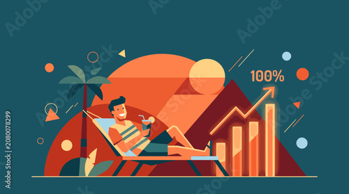 Visualizing ultimate financial success A person enjoys serene tropical relaxation, supported by robust investment growth and a thriving passive income stream