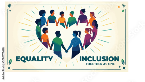 Diversity, equality, and inclusion concept, heart shape with diverse people, colorful illustration, social justice and unity