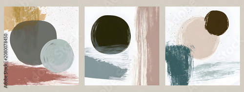 Abstract shapes in organic backgrounds, muted earthy colors. Simple, hand-painted textured templates for posters, cards, covers, invitations, prints. Minimalistic art with paintbrush strokes