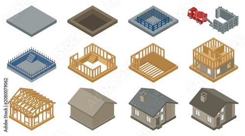 Isometric house construction stages from foundation to finished building