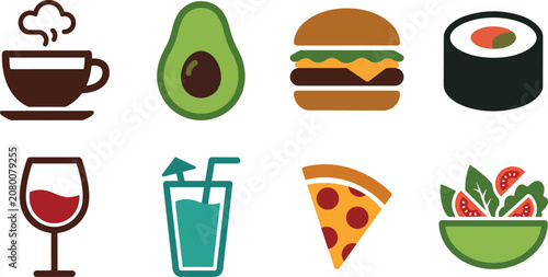 Set of 8 colorful flat food and drink icons. Includes hot coffee cup, avocado half, cheeseburger, sushi roll, wine glass, cocktail drink, pizza slice and fresh salad bowl.