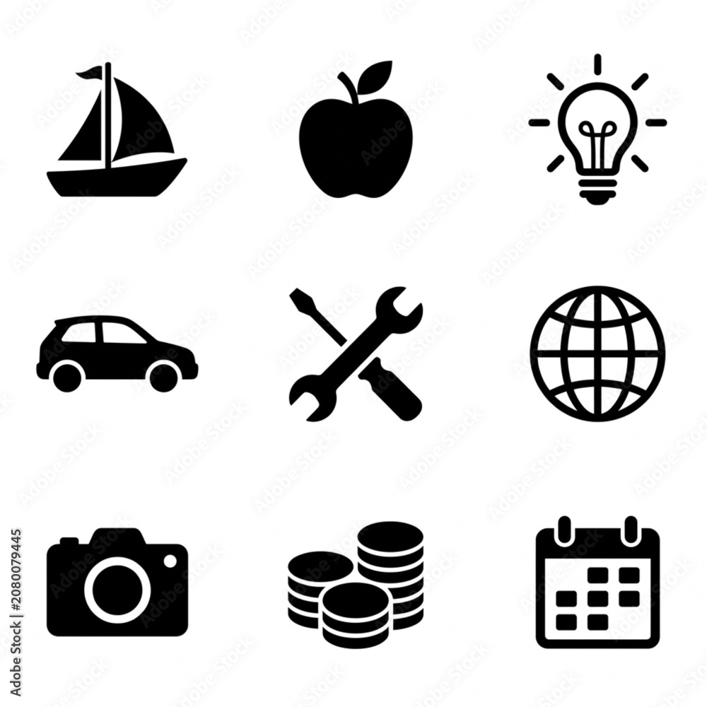 Obraz premium Business and Lifestyle Icon Set - Sailboat, Apple, Idea Bulb, Car, Repair Tools, Globe, Camera, Coins and Calendar Vector Icons