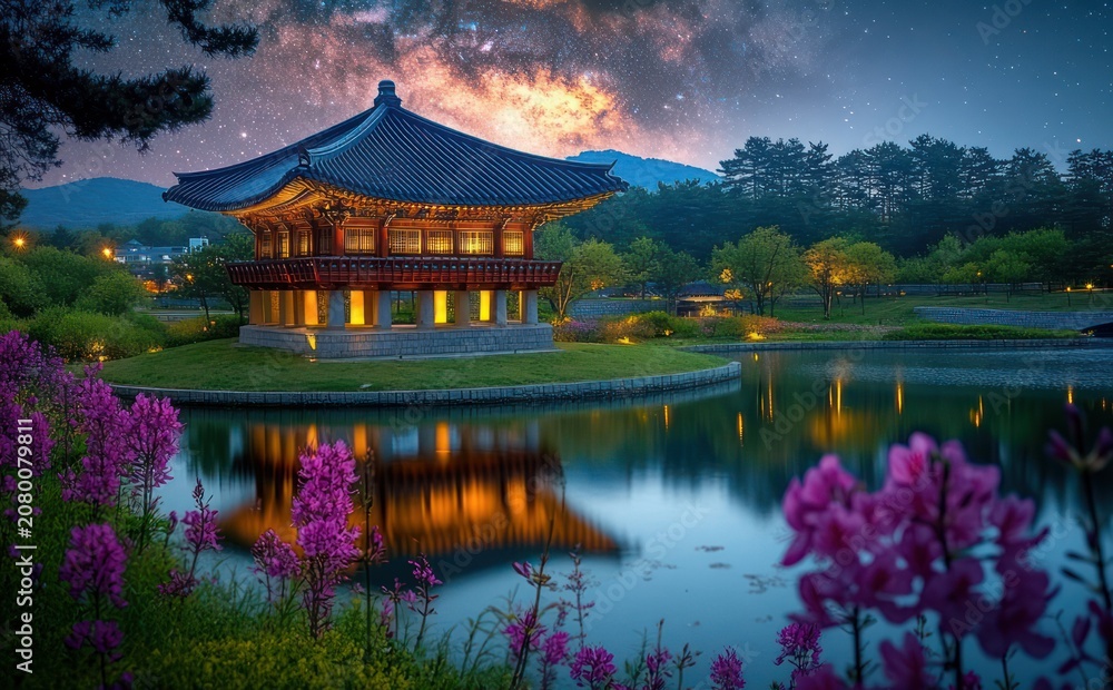 Obraz premium Illuminated traditional pavilion on a small island in a reflective pond at night, blooming pink flowers in the foreground under a starry Milky Way sky, tranquil and peaceful mood