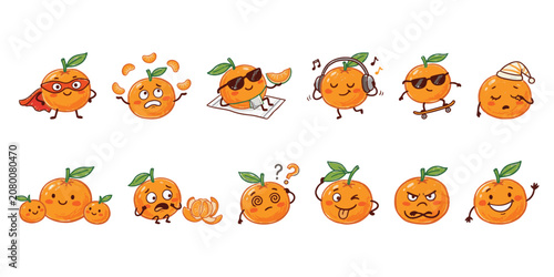 Bild auf Leinwand Hand drawn orange tangerine citrus fruit mascot character emoticon sticker vecto