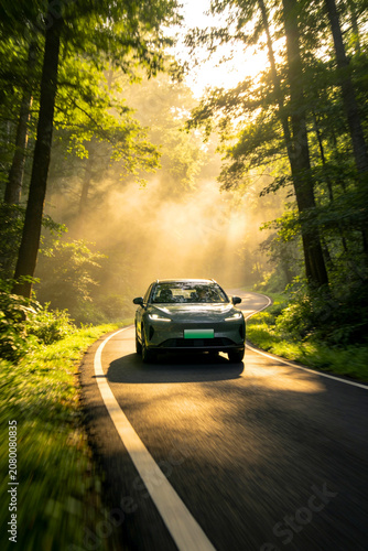 1 car driving on the road in the forest, the moment of the drive with mysterious light full of big trees