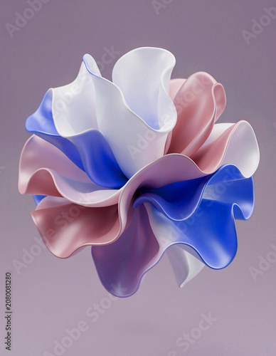 Organic sculptures, white blue and pink thin fabrics wrinkled and wavy objects spread out