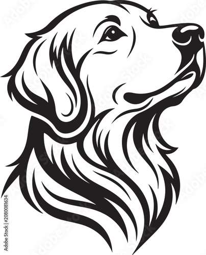 Black and white line art illustration of a golden retriever dog head profile facing up