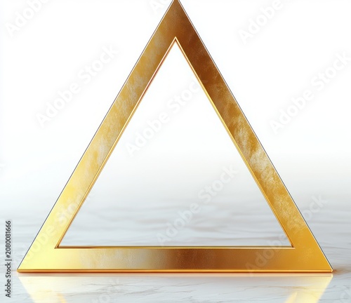 golden hollow equilateral triangle frame standing on polished marble surface with soft white gradient background, minimal elegant and calming composition