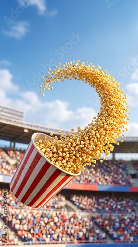 Festive popcorn bursting in a soccer stadium during international match celebrating freedom and independence day.