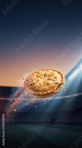 Meat pie flying through a soccer stadium at twilight, symbolizing international sport and national freedom.
