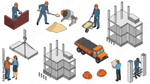 Canvastavla Construction Site Elements Isometric Vector Illustration On White Background
