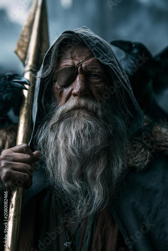 Odin Viking Aesir god holding Gungnir spear beside ravens wearing hooded cloak in Nordic wilderness portrait