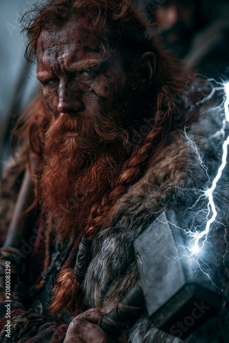 Thor Aesir Norse god wearing fur armor beneath lightning with fearless expression inspired by ancient Viking mythology