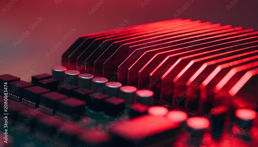 Fototapeta premium Close-up of glowing red electronic cooler and capacitors. Hardware overheating solutions and performance testing. Metal cooling fins shining brightly next to motherboard components.