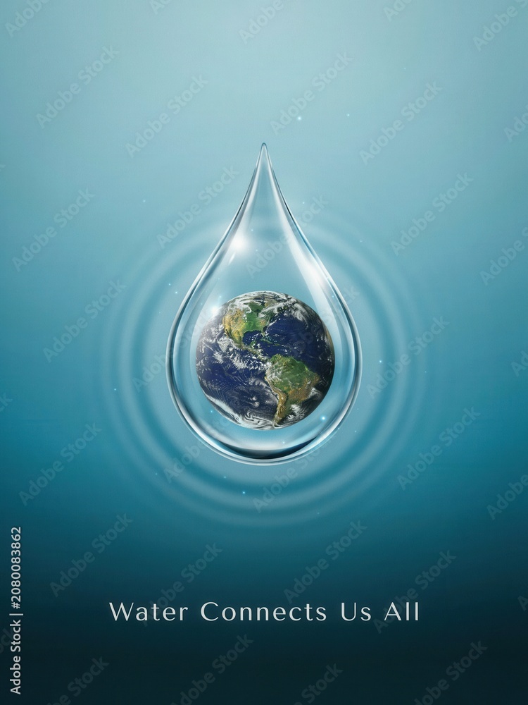 Obraz premium Connection of water and earth shines through a delicate drop in a serene blue background. World Water Week