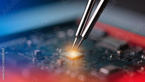 Quality inspection and electronic testing of microchips. Microscopic hardware analysis and technical validation. Precision metal dual tweezers touching a miniature electronic microchip processor.