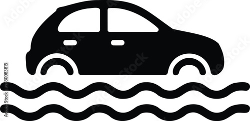 Принти на полотні Simple black silhouette of a car submerged in wavy water depicted as an icon