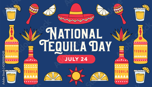 Quadro su tela Colorful national tequila day illustration with festive mexican holiday icons