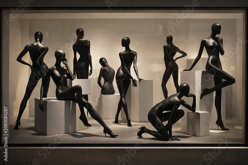 Black female mannequins in elegant poses displayed in modern fashion store showcase window.