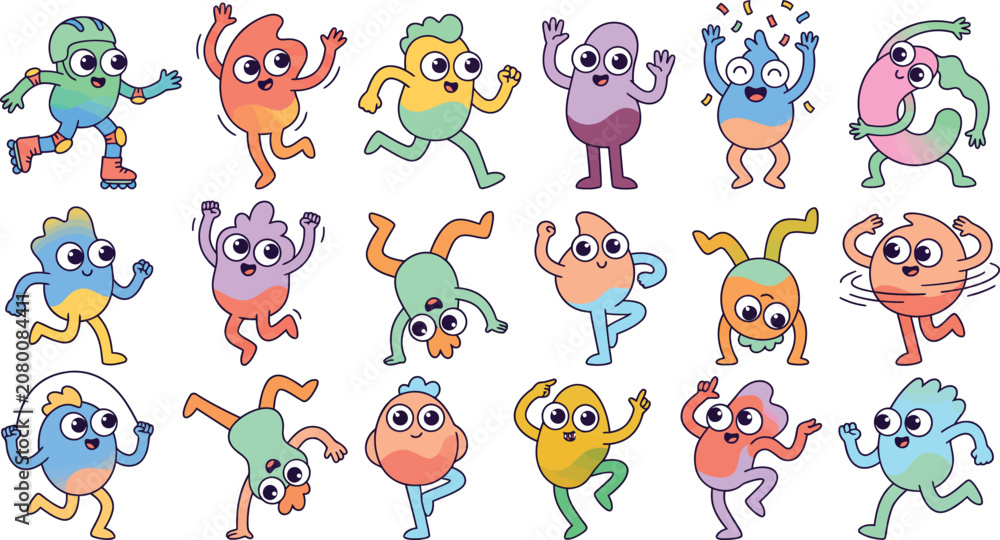 Fototapeta premium Set of colorful cartoon characters in various funny poses and expressive actions isolated on a white background for design projects