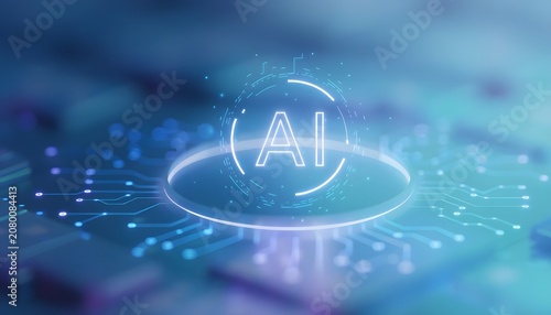 Circular AI glowing icon on printed circuit board. Neural networks and digital hardware interface. Electronic pathway carrying energy data to central processor unit