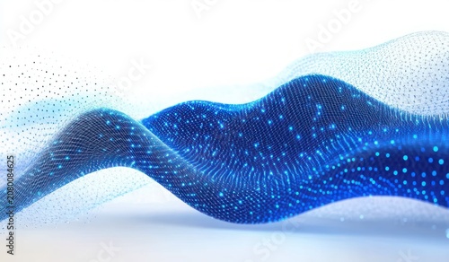 flowing blue digital mesh waves with glowing data points on white background conveying futuristic calm motion