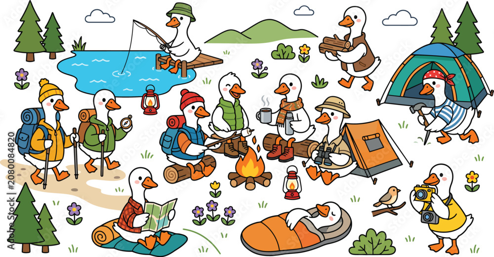 Naklejka premium A whimsical cartoon illustration featuring a group of cute ducks enjoying various outdoor camping activities in a forest setting