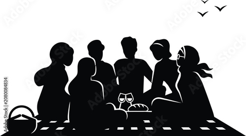 People having picnic on blanket, enjoying food and wine outdoors, group gathering with basket and birds flying.