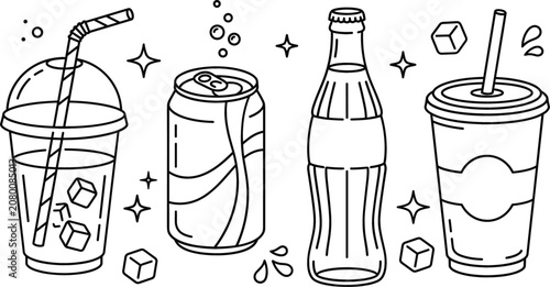 Fotografie Soft drink and soda doodle vector set with beverage can glass bottle plastic cup