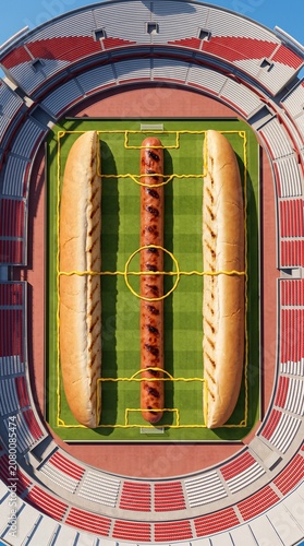 Surreal giant hot dog soccer pitch in aerial stadium view, celebrating international independence day and freedom through creative food art.