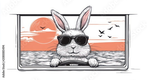 Cool rabbit at the wheel wearing sunglasses looking out a car window at an orange sunset over the sea, calm confident playful vibe