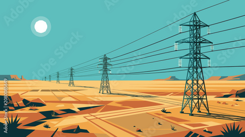 High voltage power lines across sunlit desert landscape.
