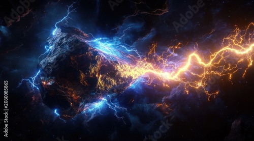 Explosive rocky asteroid in deep space pierced by clashing blue and orange lightning arcs, glowing molten streaks and electric sparks, dramatic powerful cosmic collision