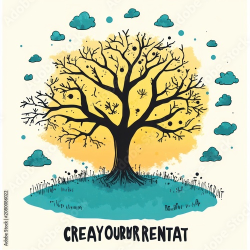 Whimsical bare tree with exposed roots on a teal grassy island, yellow sun halo, turquoise floating clouds and ink splatters conveying a playful calm mood