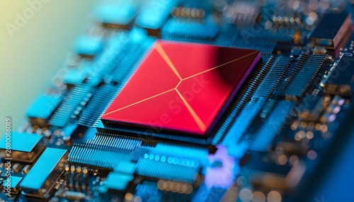 Modern computer central processing unit on motherboard. Hardware technology and microprocessor engineering. Red CPU glowing on blue circuit board with metallic contacts