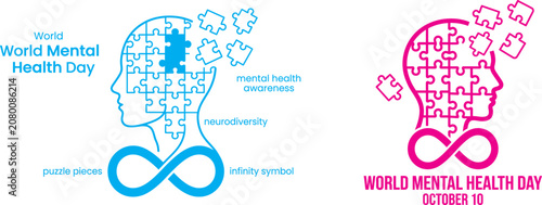 Tableau sur toile 10th october world mental health day green concept poster in line style