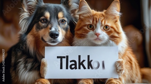 Fluffy ginger tabby cat holding a paper sign with partial text beside a second blurred cat, cozy indoor close-up portrait conveying curiosity and playful innocence