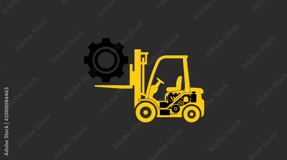 Naklejka premium Yellow forklift icon lifting a gear for industrial logistics.