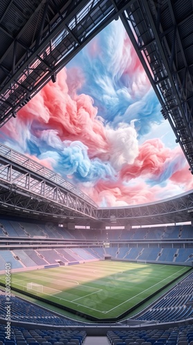 Soccer stadium with patriotic smoke clouds celebrating international independence and freedom.