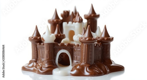 mini milk and white chocolate castle with glossy turrets and melting drips, a whimsical playful sweet indulgence